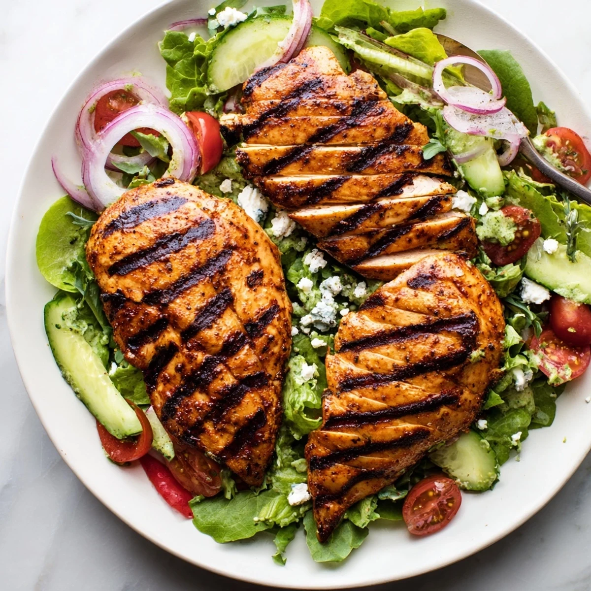 Grilled Chicken Salad with avocado herb dressing, sliced warm chicken over greens.