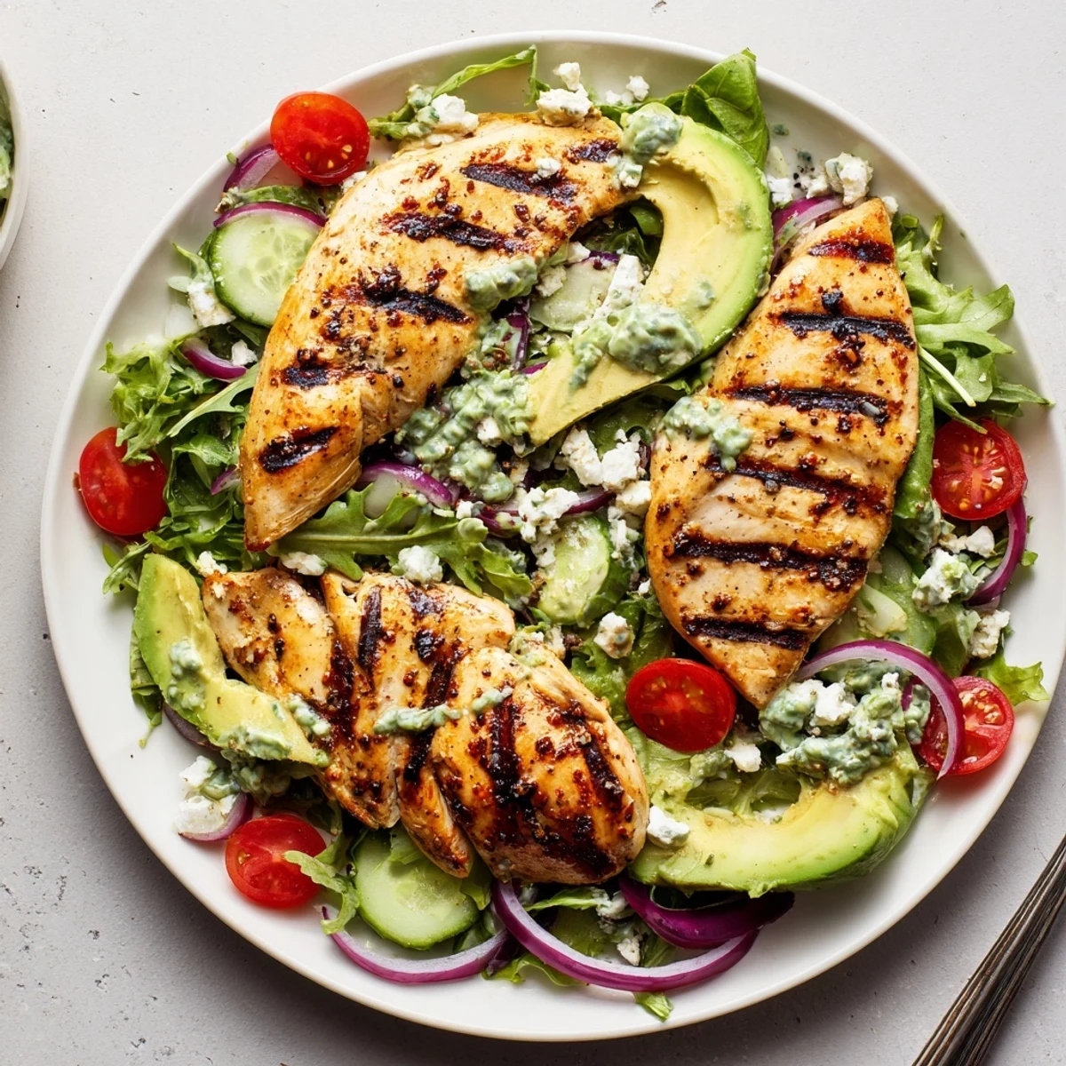 Citrusy Grilled Chicken Salad and creamy avocado herb dressing, served with lime.