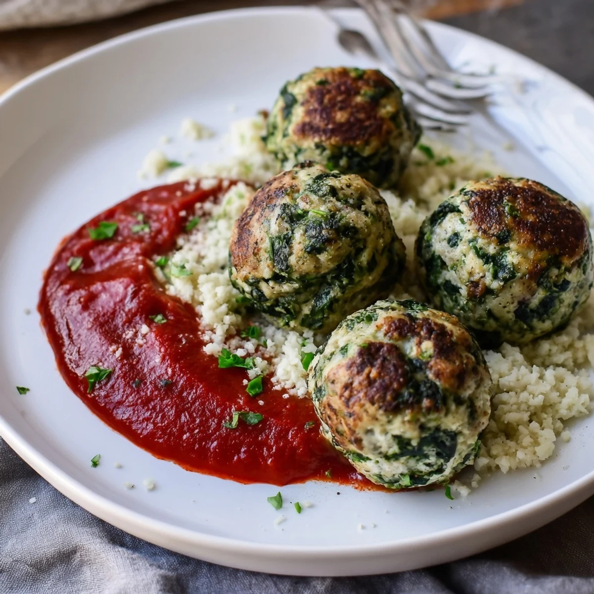 Baked Low Carb Spinach Chicken Meatballs oven browned on parchment, fragrant garlic aroma