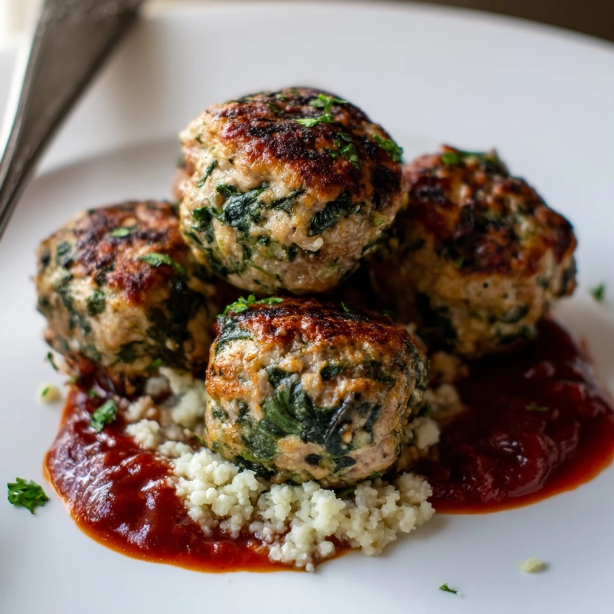 Low Carb Spinach Chicken Meatballs golden baked, tender centers, served with cauliflower rice