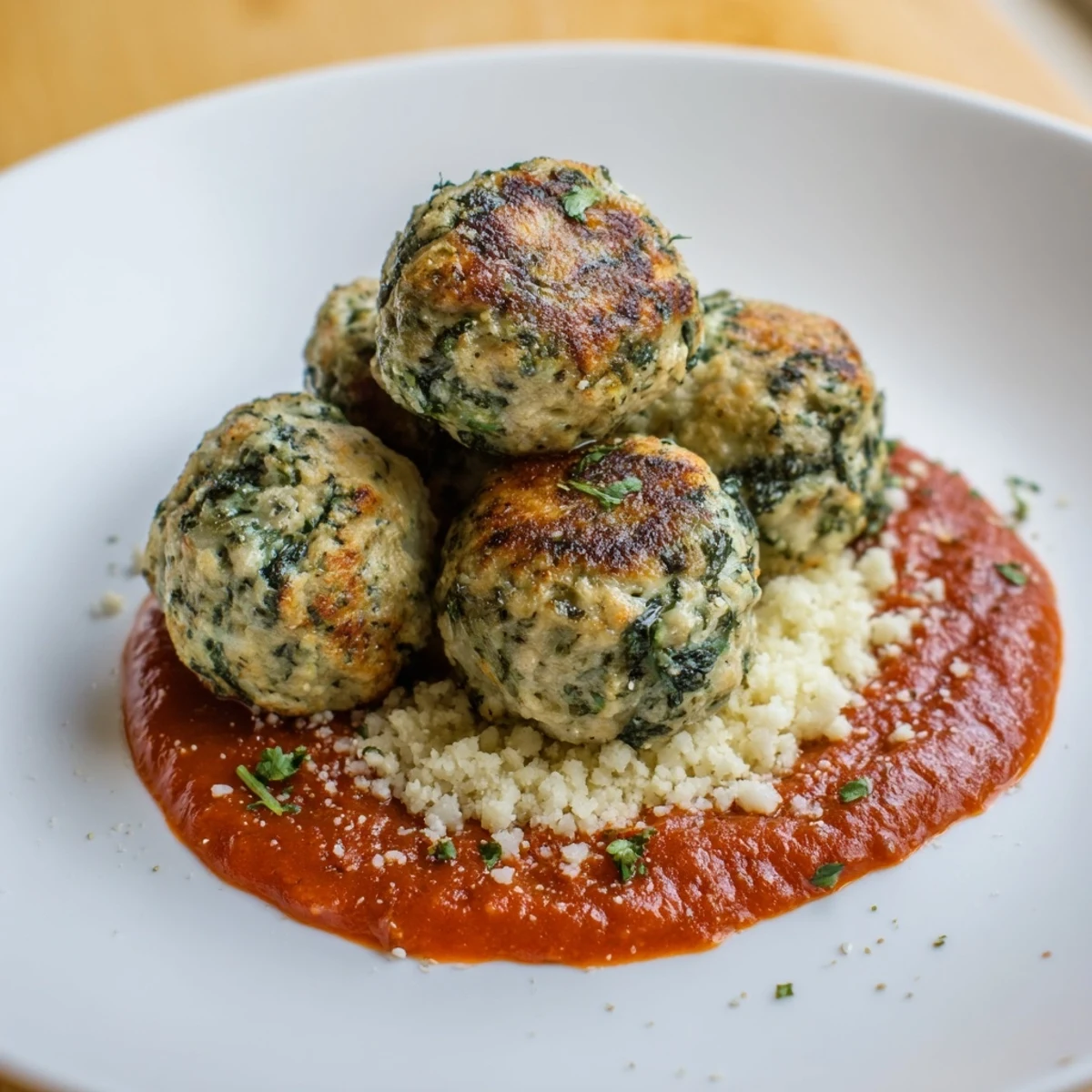 Herbed Low Carb Spinach Chicken Meatballs nestled in warm low carb marinara sauce