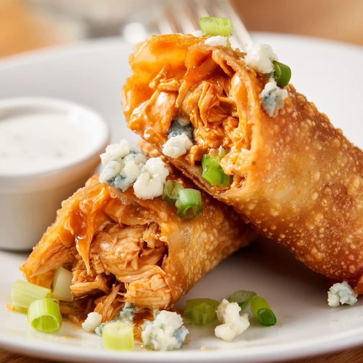 Crispy Buffalo Chicken Egg Rolls piled on plate with ranch dip  