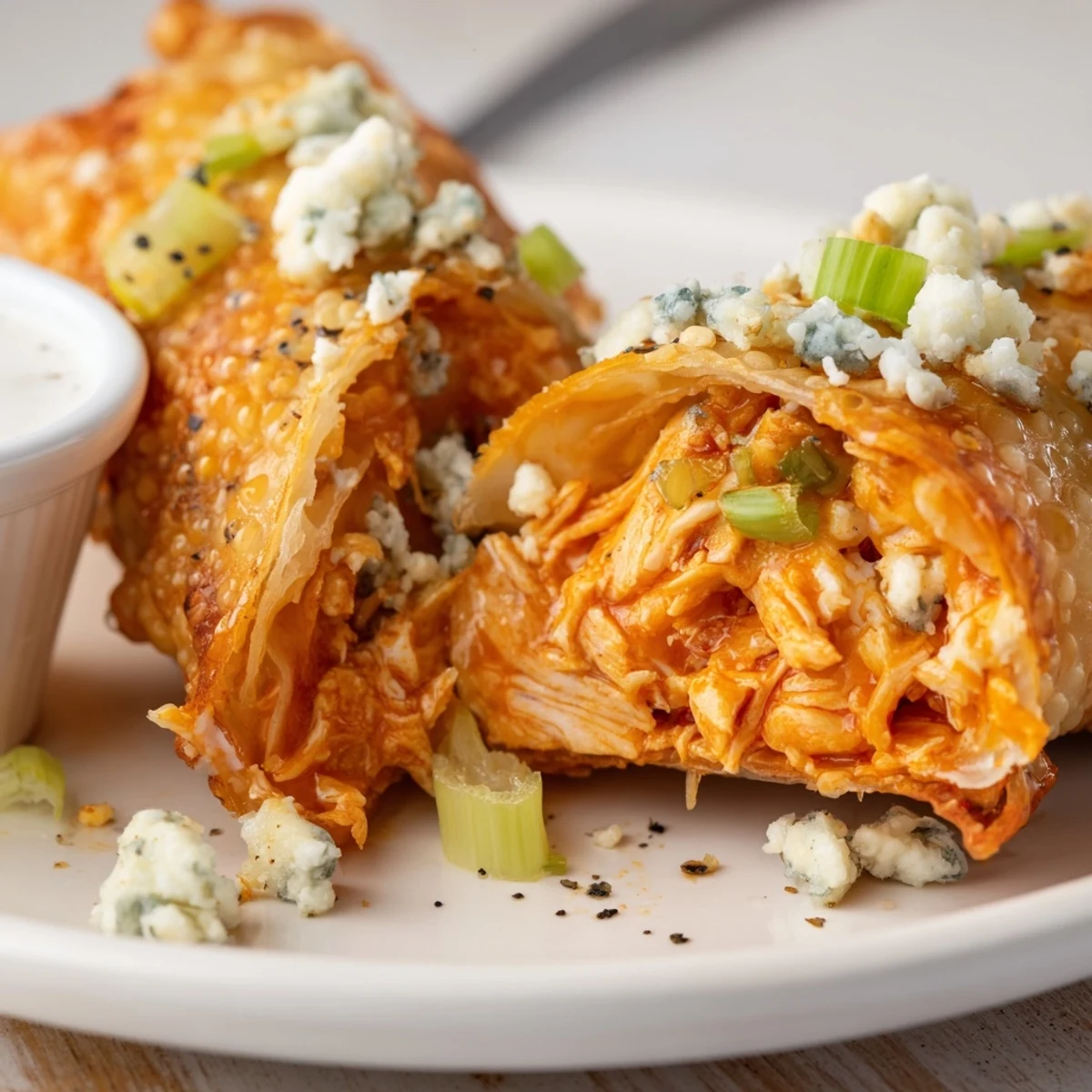 Golden fried Buffalo Chicken Egg Rolls oozing spicy cheesy filling, celery garnish  