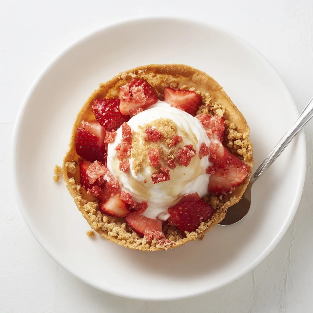Baked golden shells holding Strawberry Crunch Cheesecake Tacos, crunchy cinnamon-sugar edges.