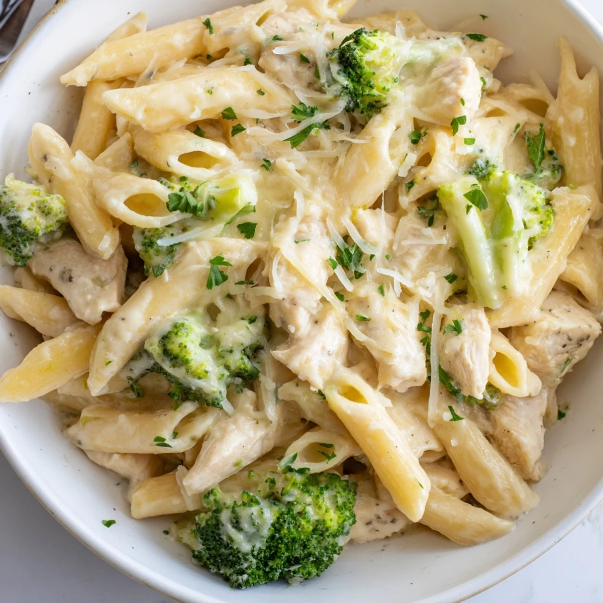 Weeknight Chicken Broccoli Alfredo Bake Recipe served with garlic bread, steaming hot