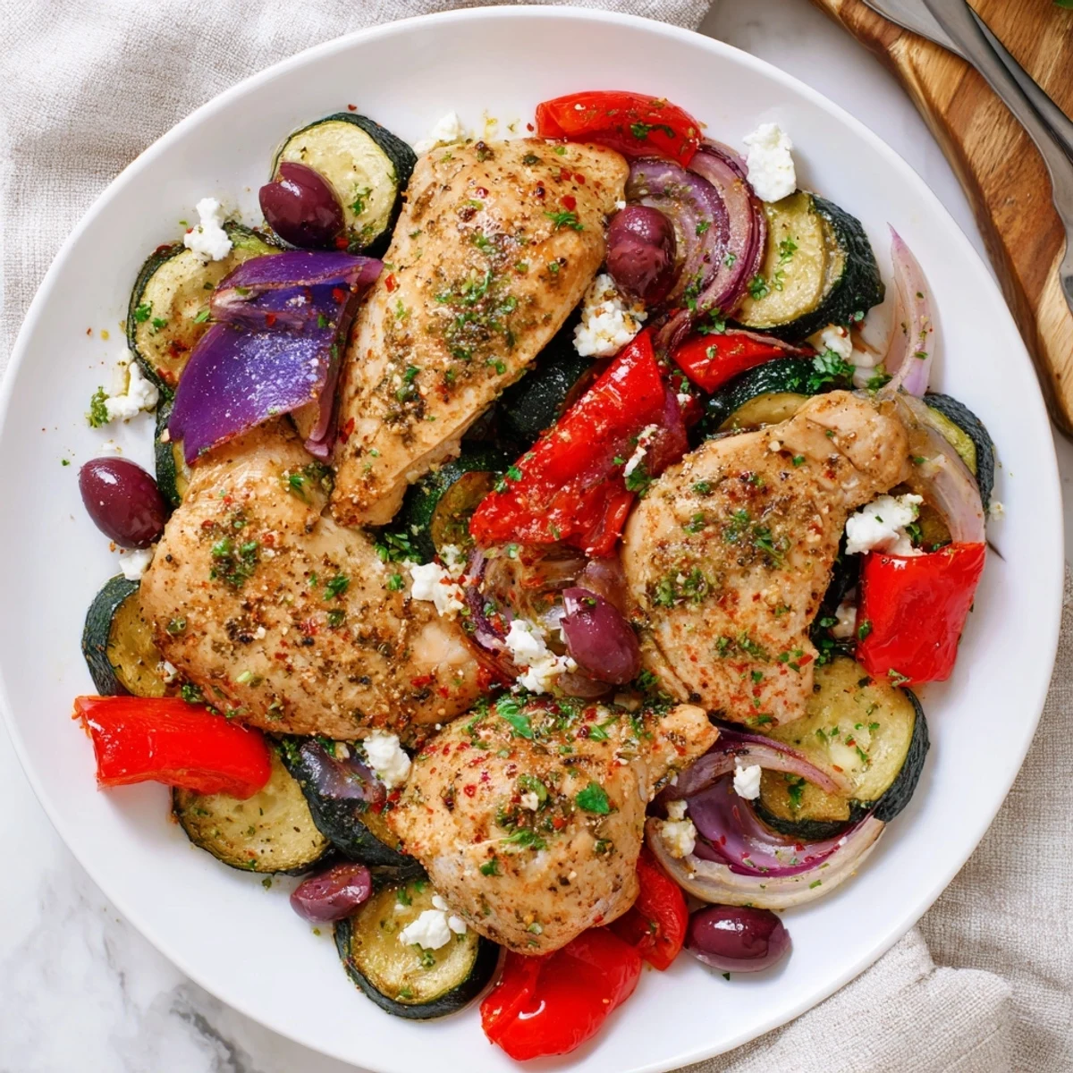 Sheet Pan Mediterranean Chicken Zucchini roasting with golden vegetables, briny olives, bright lemon.
