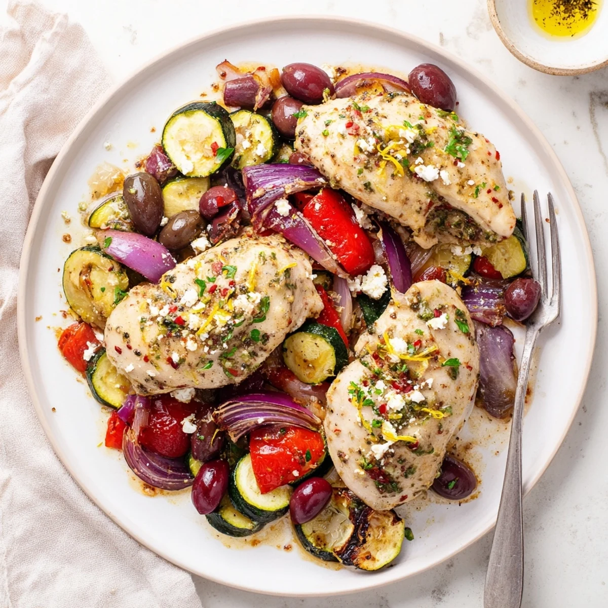 Sheet Pan Mediterranean Chicken Zucchini finished with tangy lemon, feta, and pan juices.