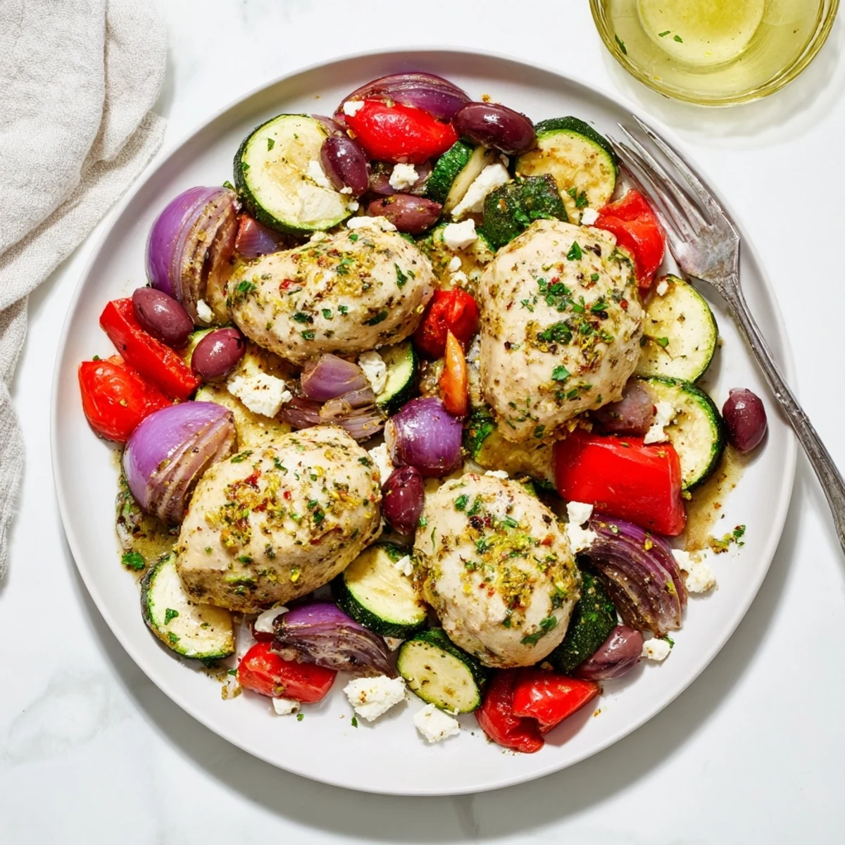 A platter of Sheet Pan Mediterranean Chicken Zucchini, tender chicken and charred peppers.