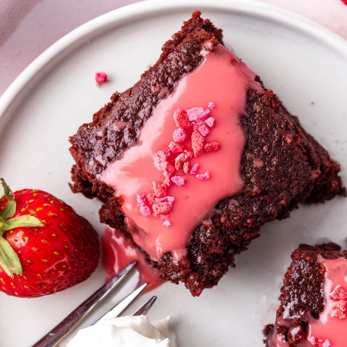 Warm Strawberry Brownies Recipe square resting on a plate, glossy strawberry glaze