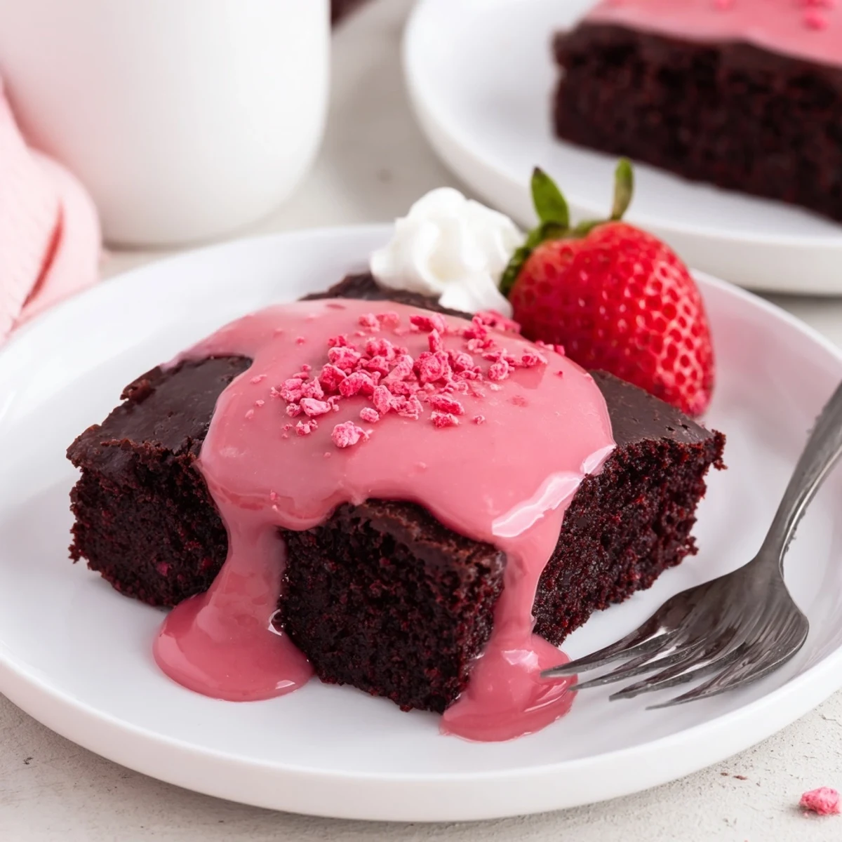 Individual Strawberry Brownies Recipe served with whipped cream and fresh strawberries