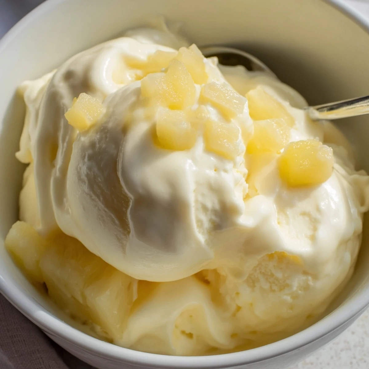Spoonful of Creamy Pineapple Ice Cream, smooth texture, summer-ready tropical indulgence