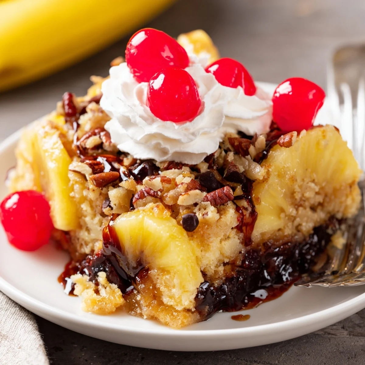 Banana Split Dump Cake bubbling golden, sliced bananas and chocolate chips visible