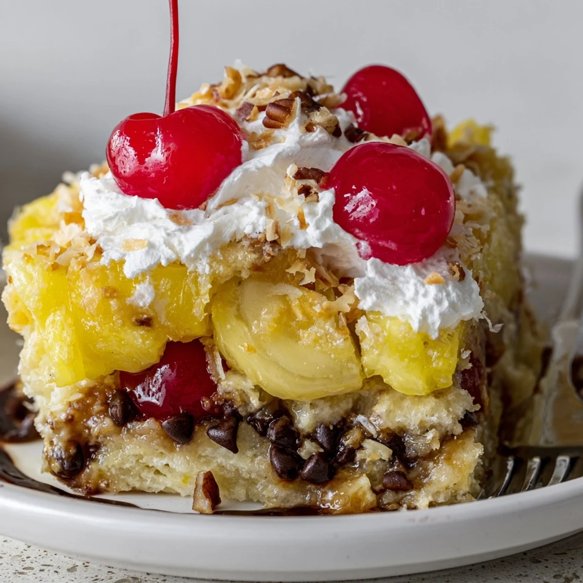 Fresh-from-oven Banana Split Dump Cake in 9x13 baking dish, chocolate syrup drizzle