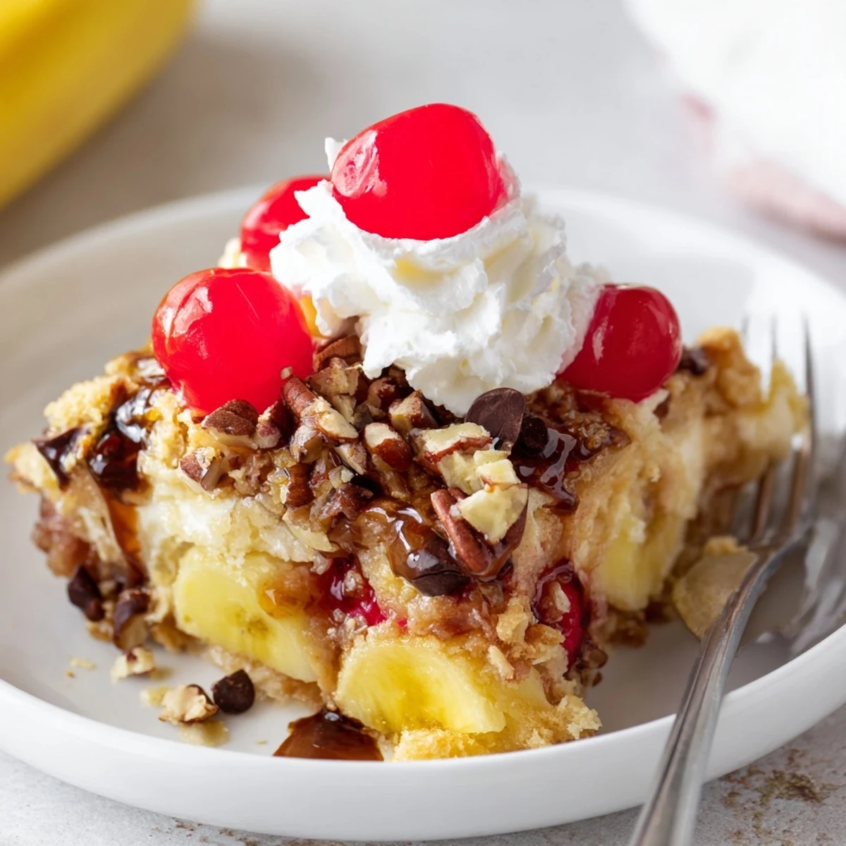 Warm Banana Split Dump Cake topped with whipped cream and cherries