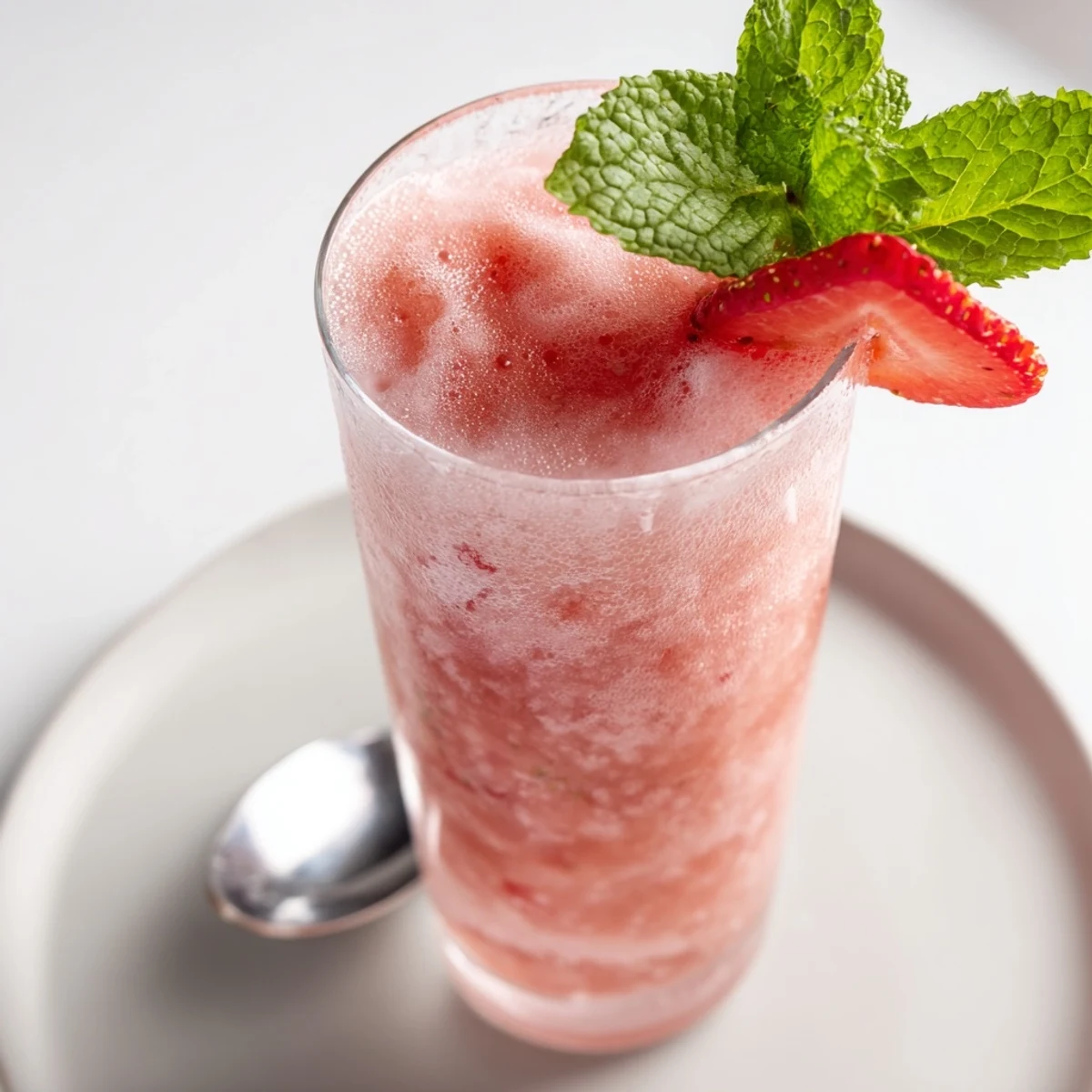 Creamy Strawberry Coconut Cooler blended with lime, coconut milk, and mint