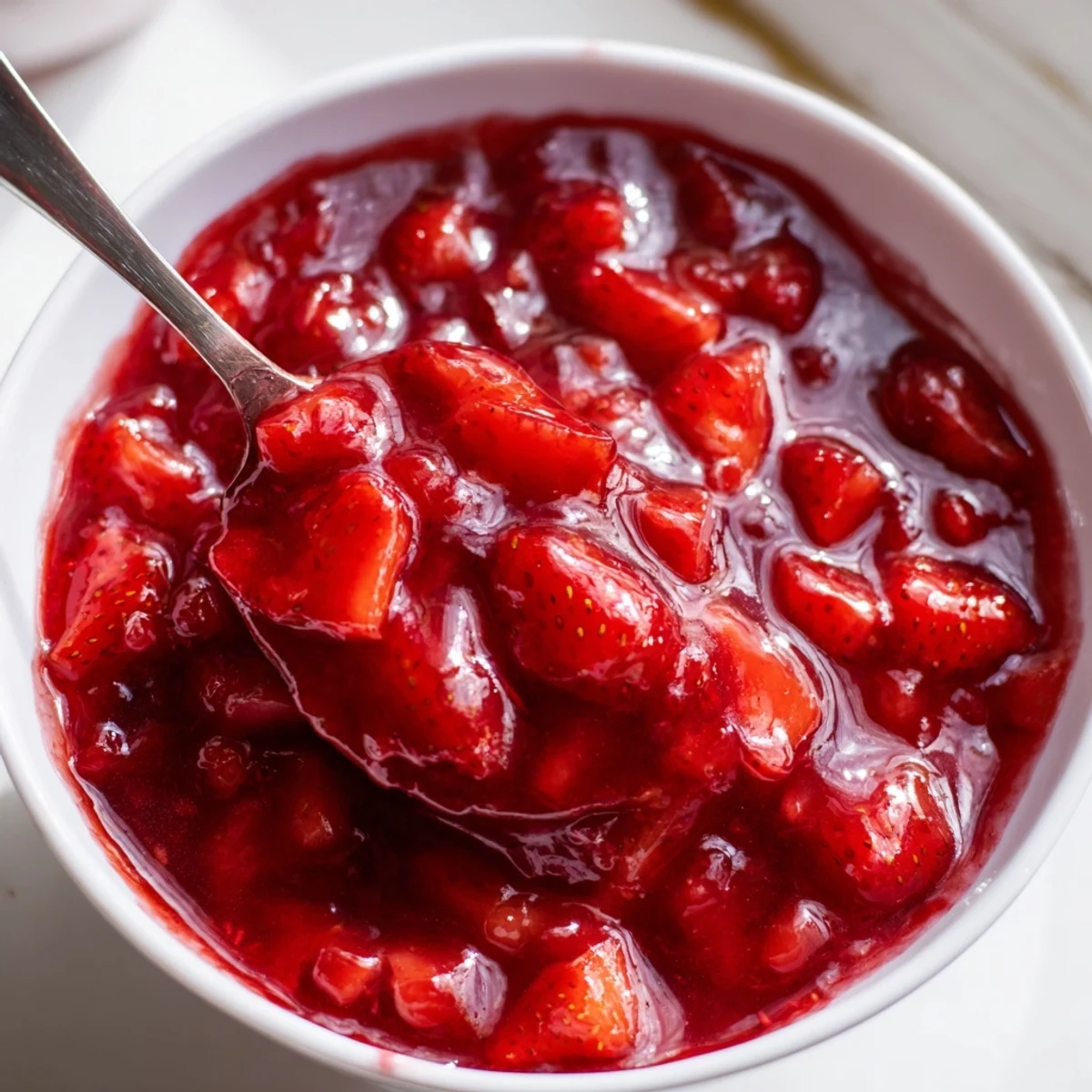 Spoonful of glossy, bright red Strawberry Cake Filling Recipe topping cupcakes.