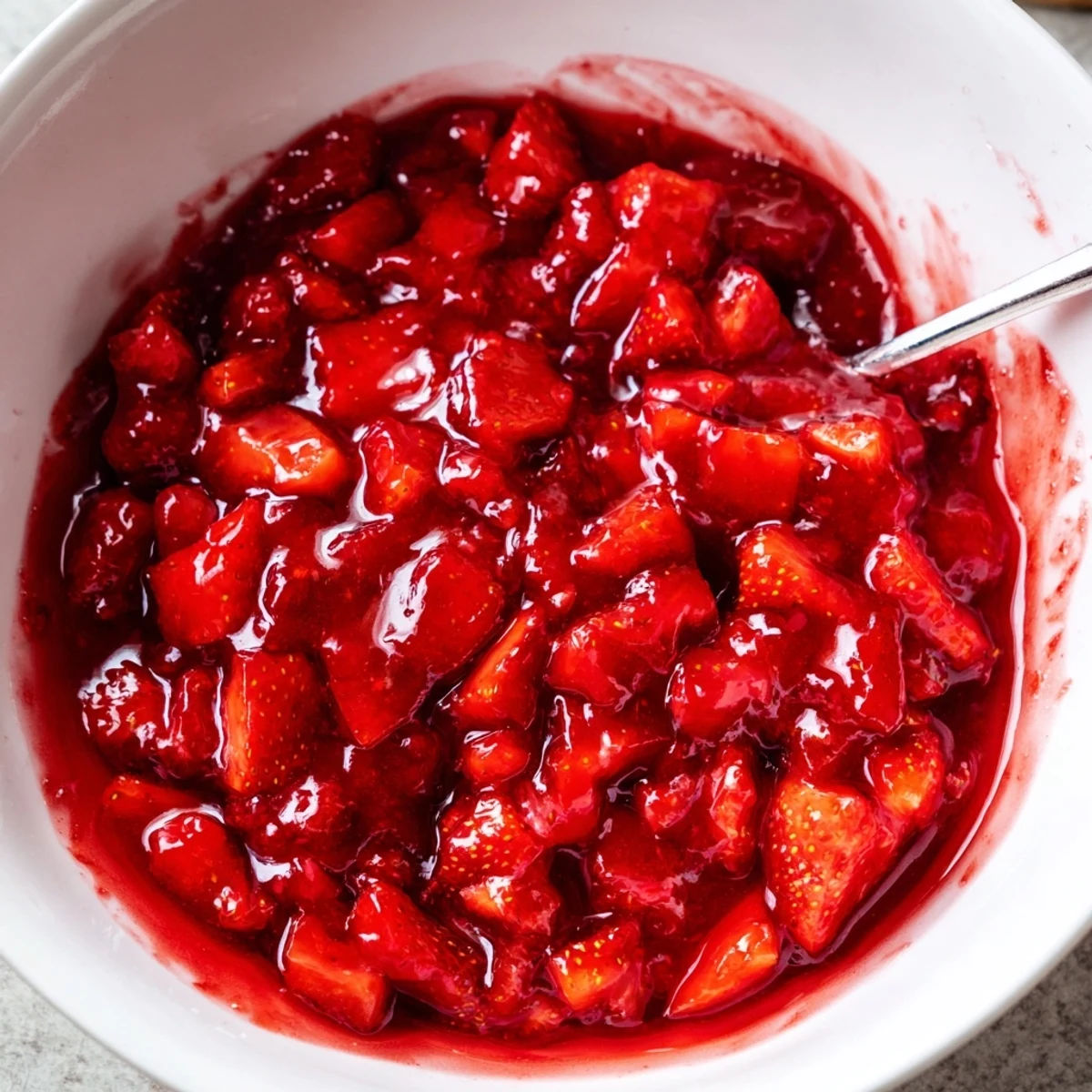 Cooling saucepan of glossy, jam-like Strawberry Cake Filling Recipe, ready to spread.