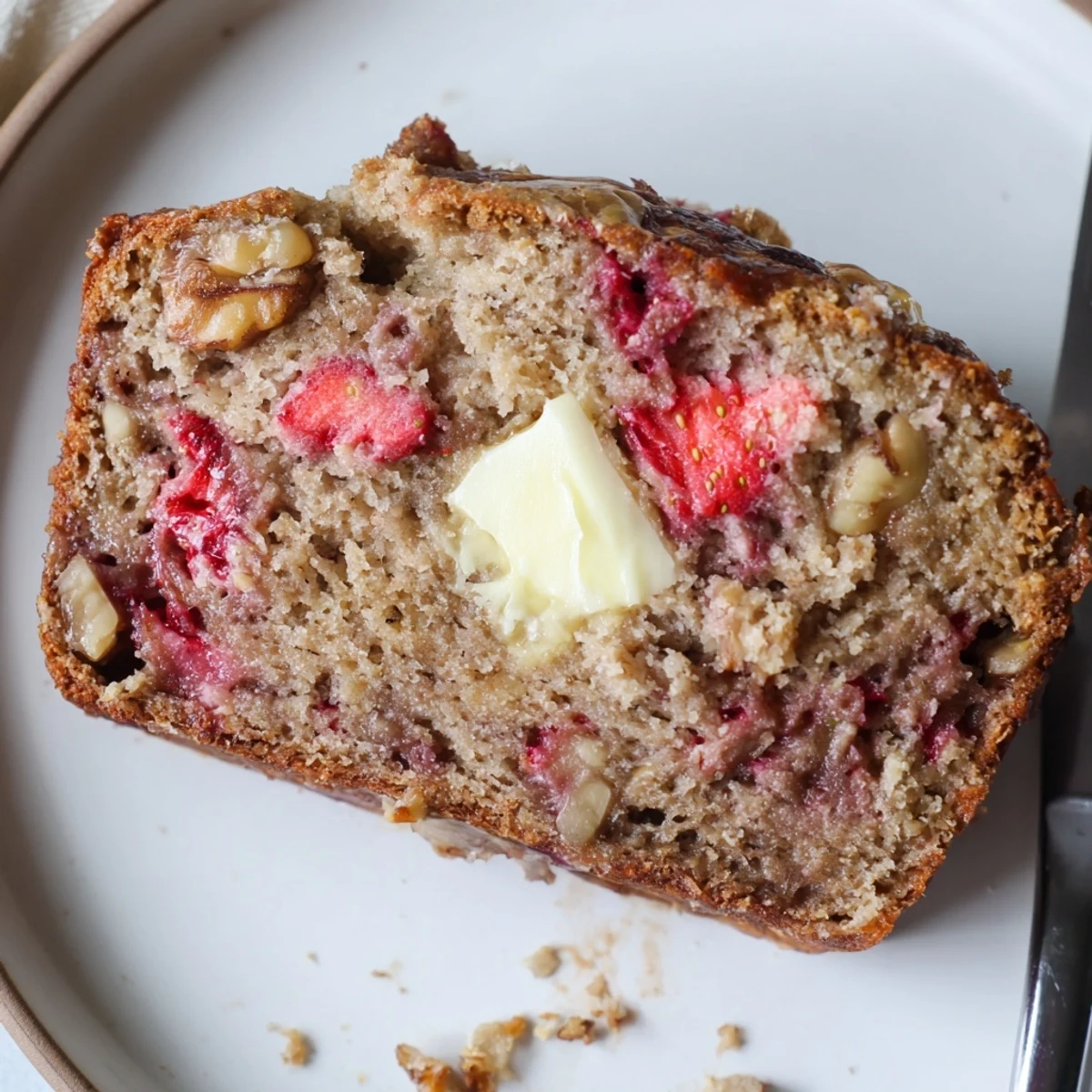Warm slice of Strawberry Banana Bread Recipe with golden crust and sweet aroma