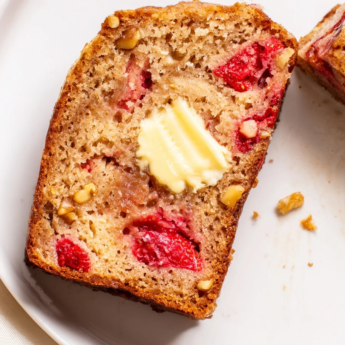 Loaf of Strawberry Banana Bread Recipe cooling on rack, ready to slice