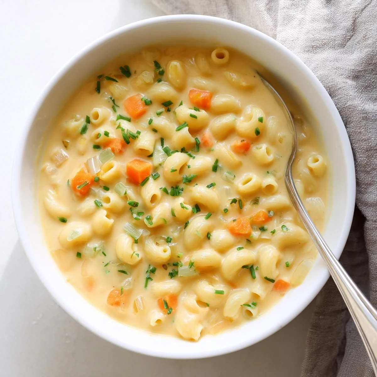 Creamy mac and cheese soup with melted cheddar and elbow pasta in a white bowl
