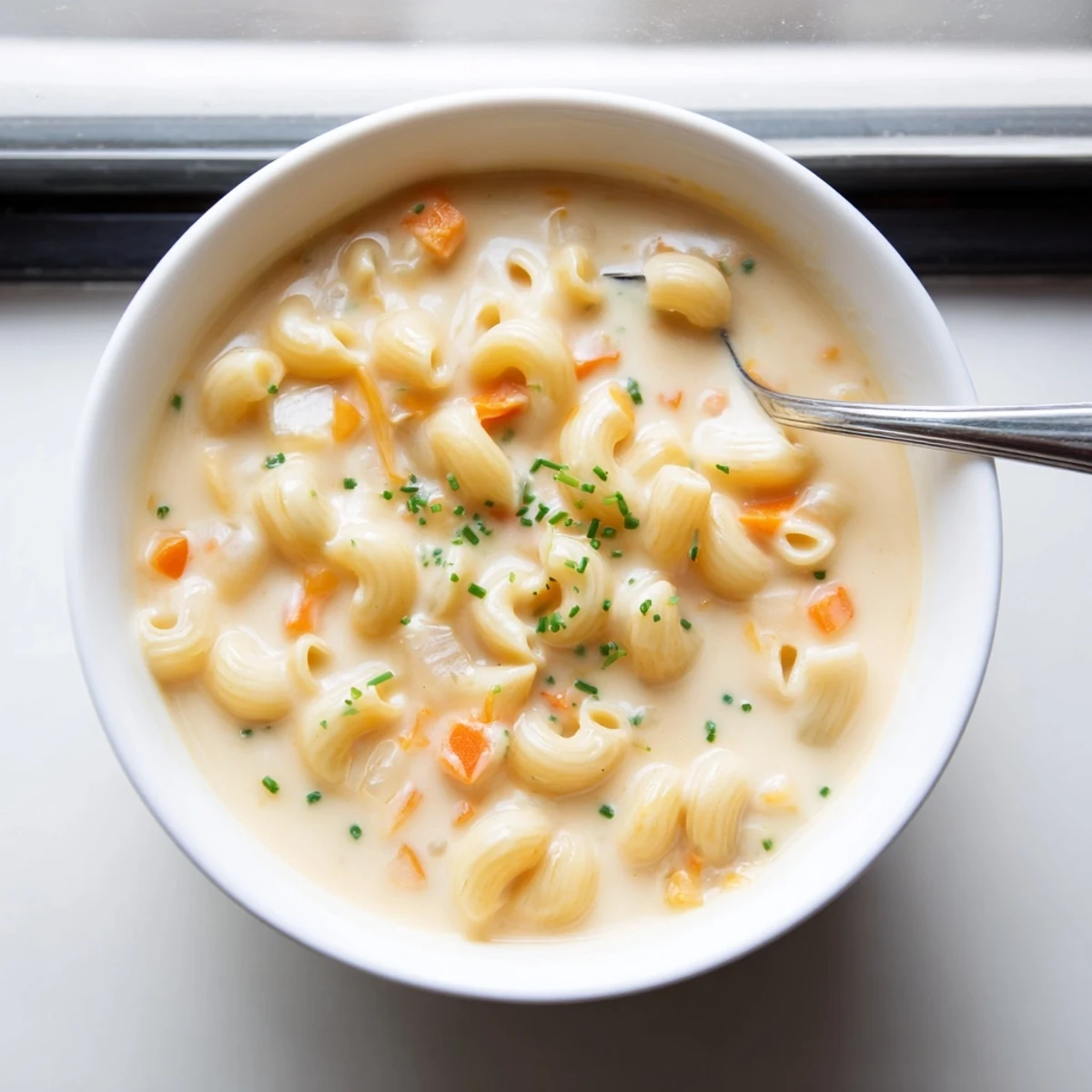 Golden mac and cheese soup topped with fresh chives and crispy bacon bits