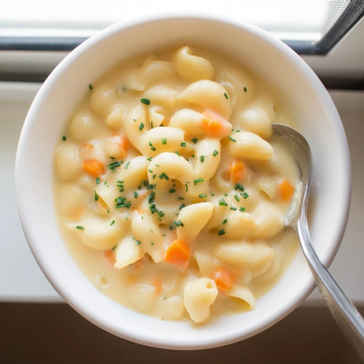 Steaming bowl of mac and cheese soup featuring cheesy broth and tender macaroni noodles