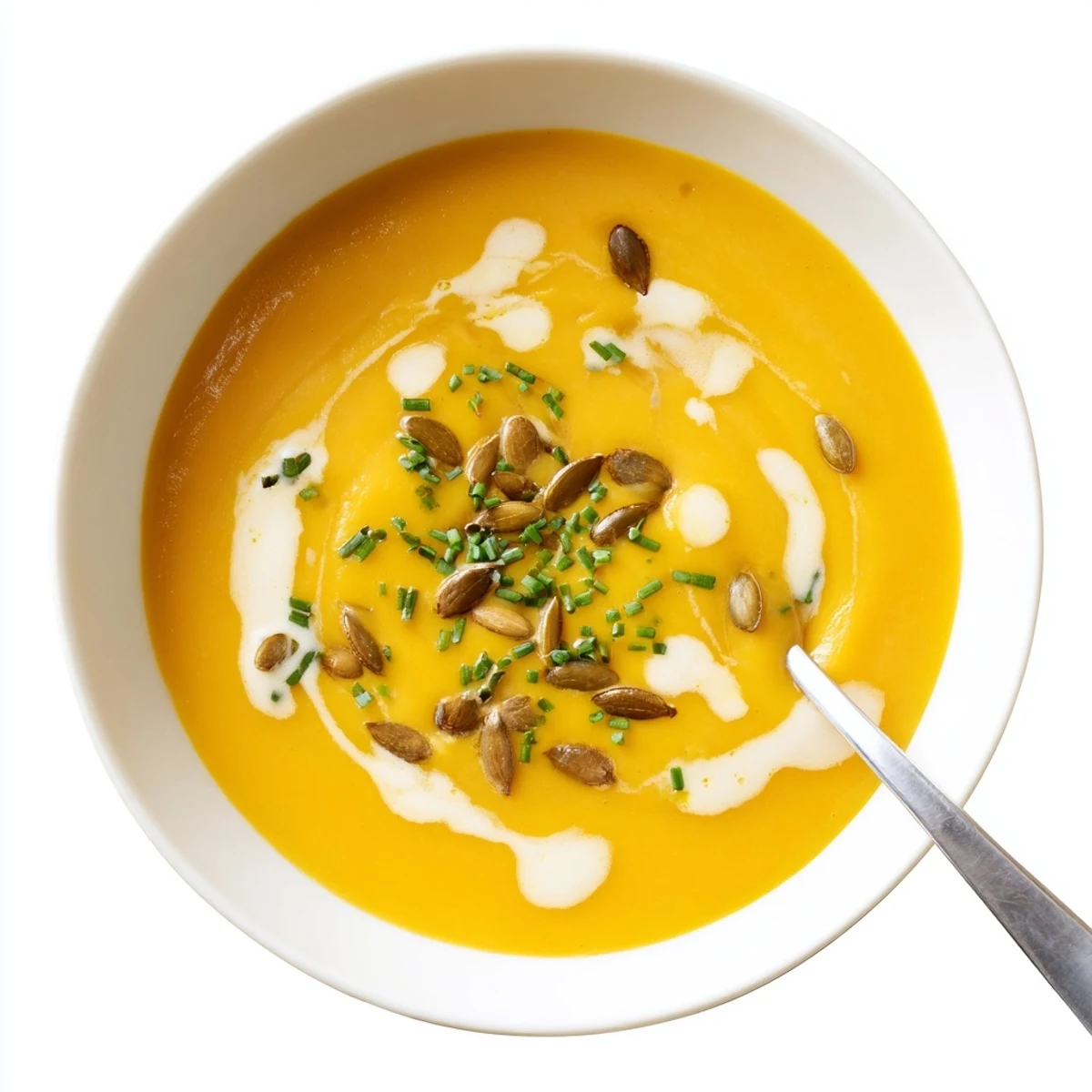 Golden bowl of creamy butternut squash soup garnished with toasted pumpkin seeds and fresh herbs