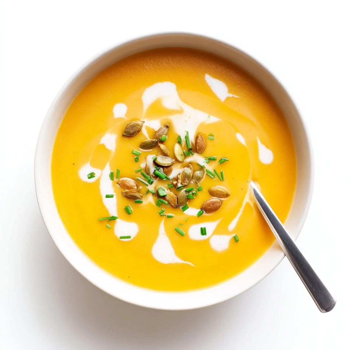 Velvety roasted butternut squash soup steaming in a white bowl with swirl of coconut milk