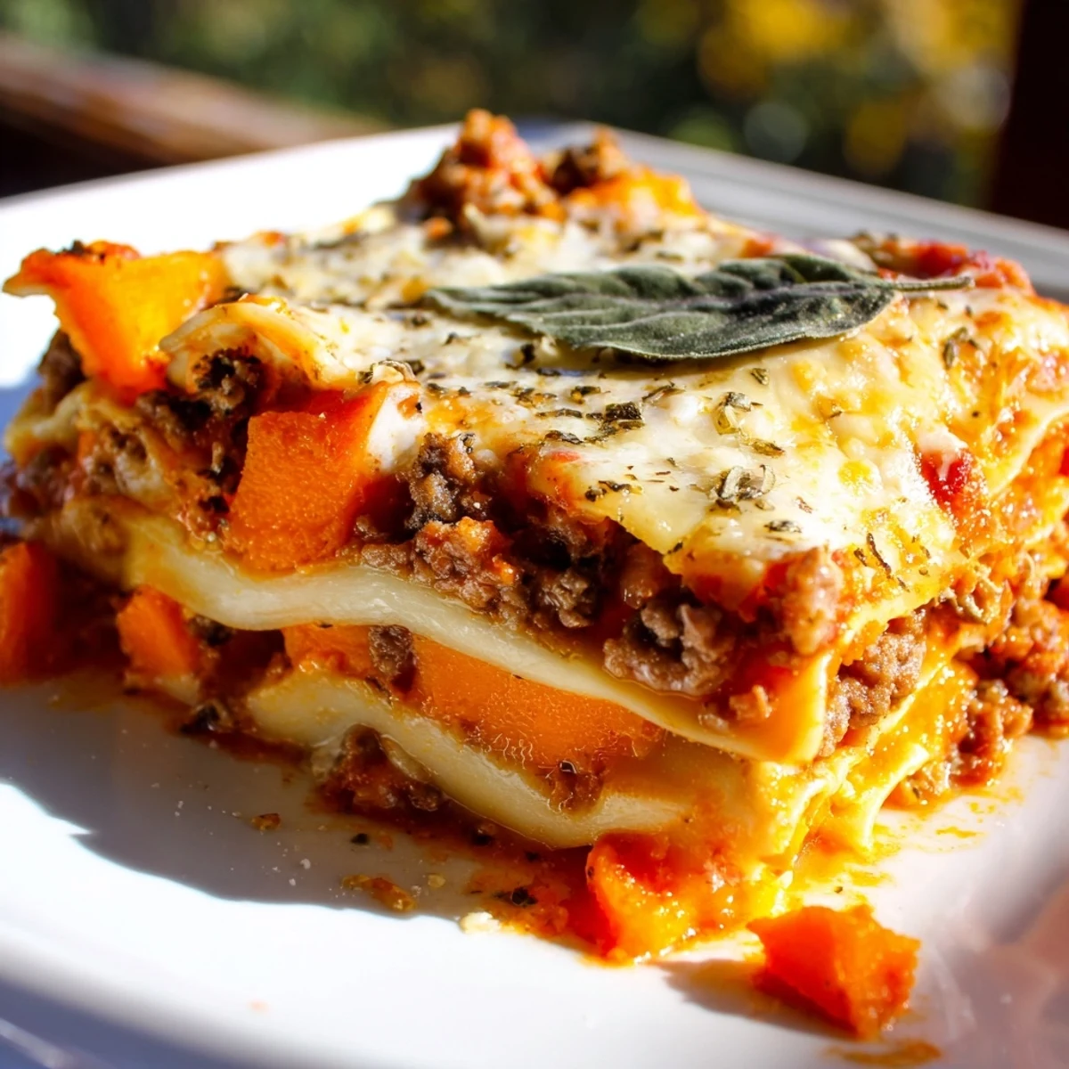 Golden butternut squash sausage lasagna with bubbling mozzarella and layers of roasted squash