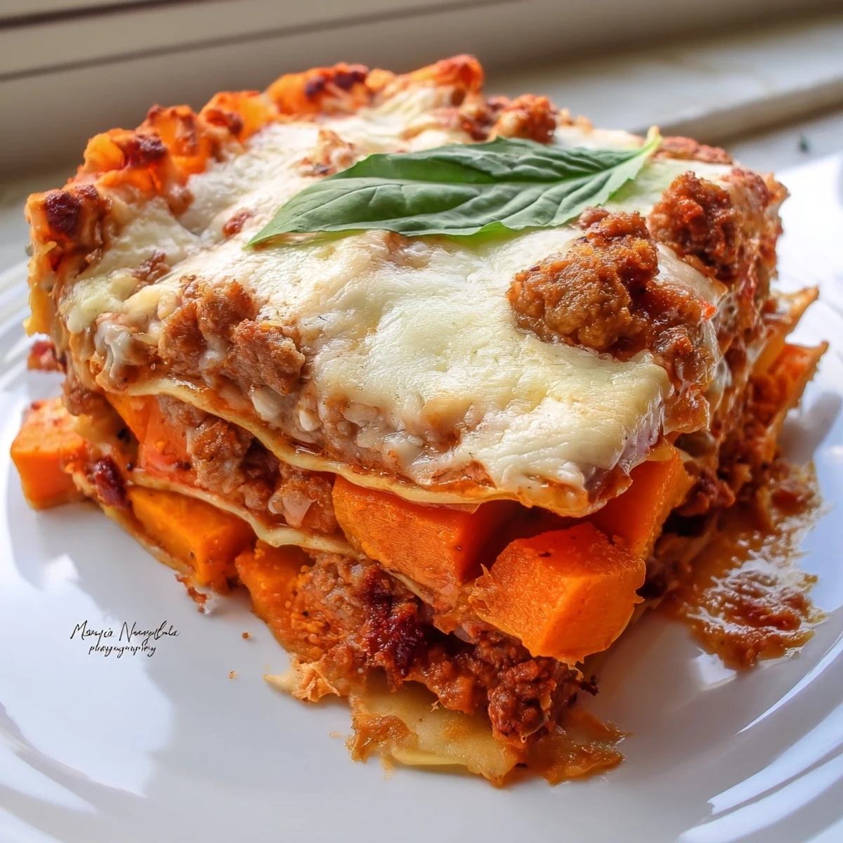 Hearty butternut squash sausage lasagna slice showing distinct pasta layers and melted cheese topping