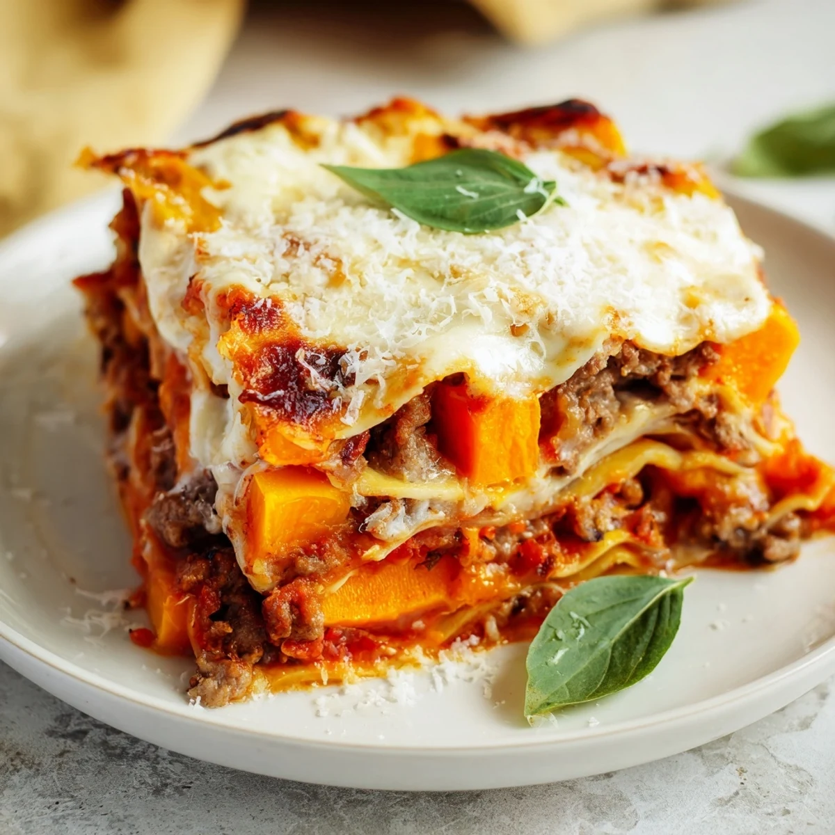 Steaming butternut squash sausage lasagna in a baking dish with caramelized cheese edges