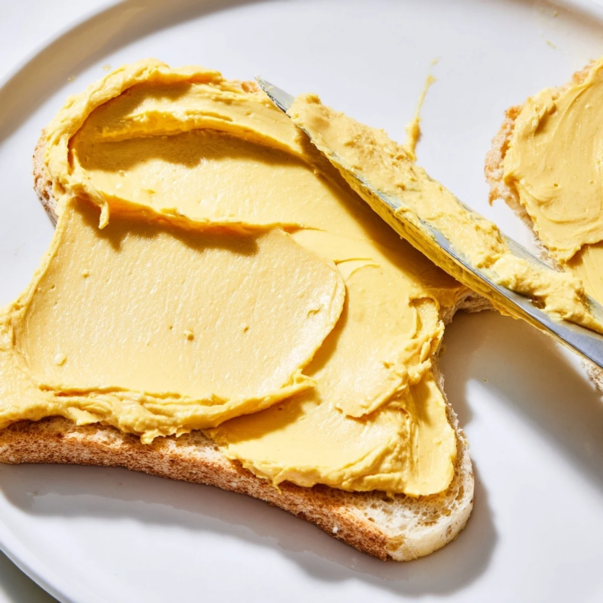 Creamy homemade plant-based butter in glass container beside fresh bread slices on wooden board