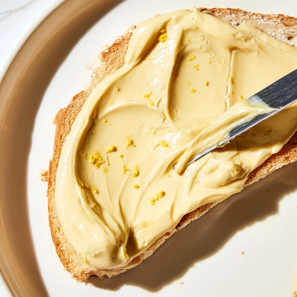 Golden vegan dairy-free butter spread thickly on whole grain toast with knife visible