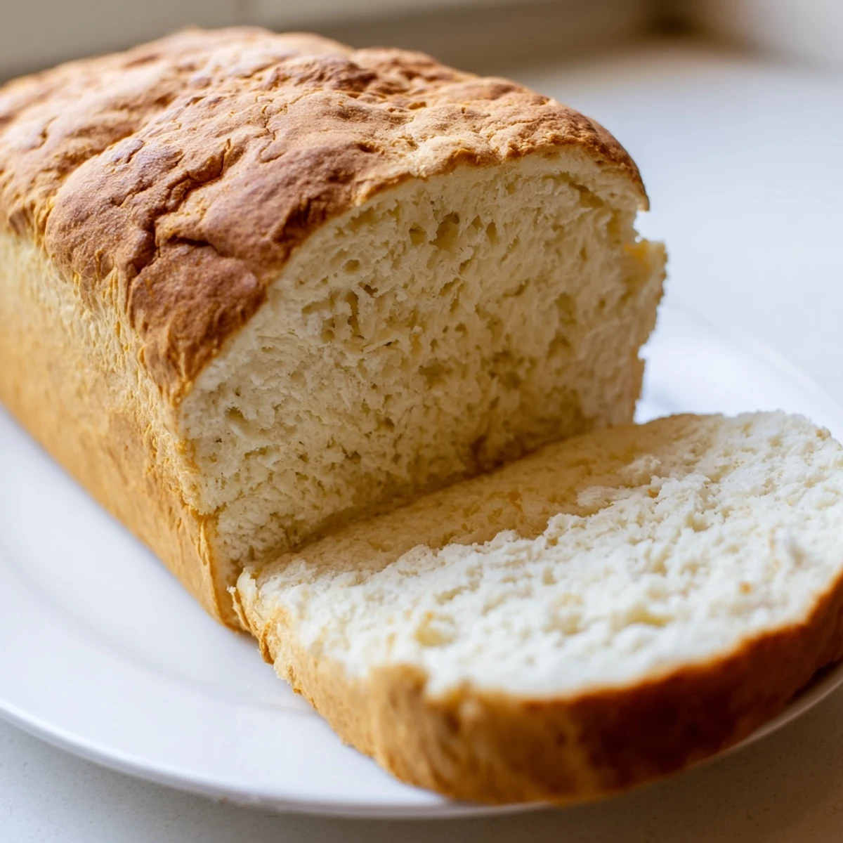 Golden brown cottage cheese loaf bread sliced on a wooden cutting board with melted butter