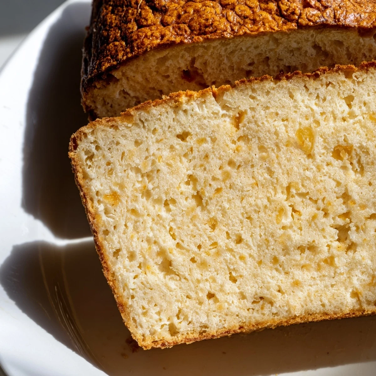 Freshly baked cottage cheese loaf bread cooling on a wire rack with a rustic white interior