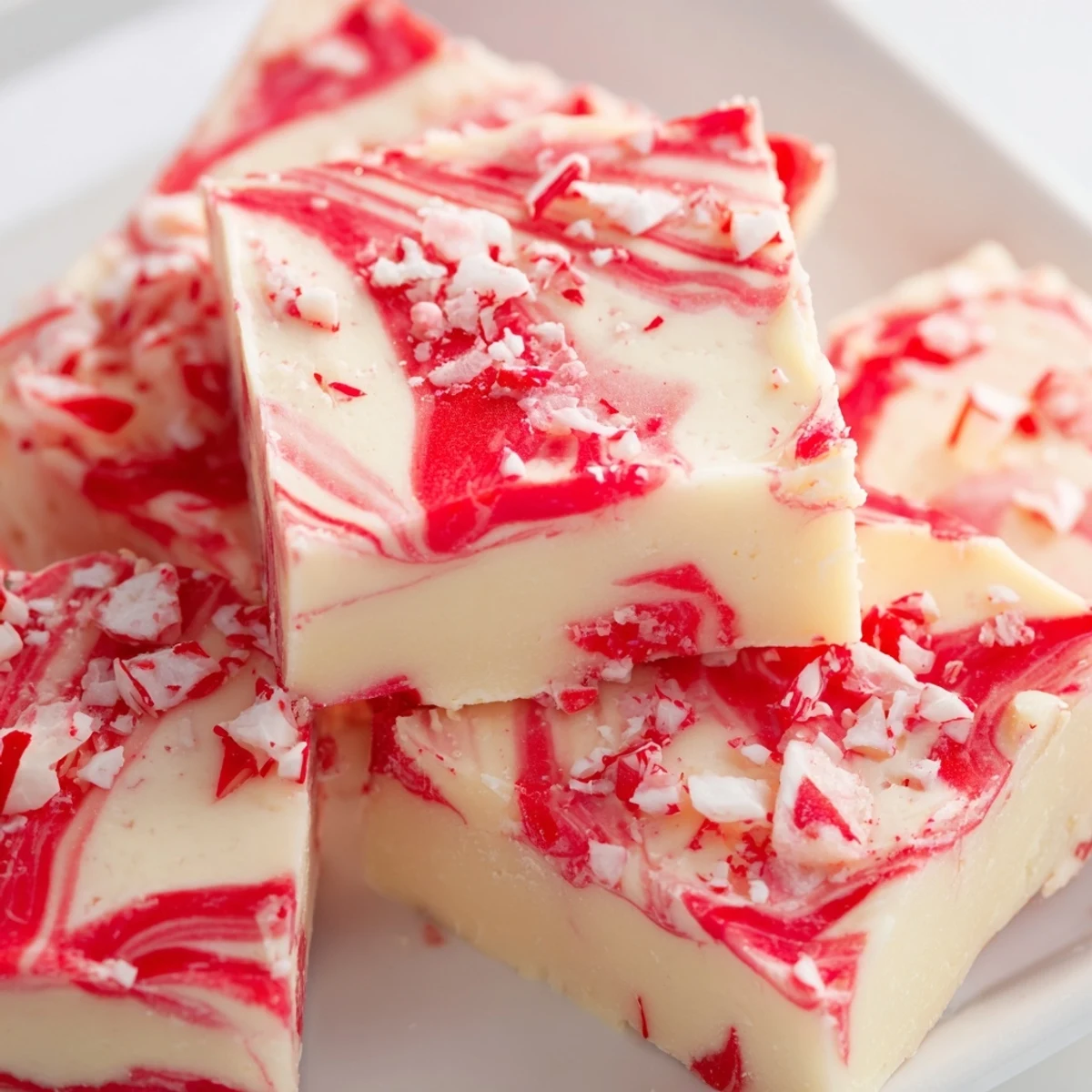 Creamy peppermint swirl fudge squares topped with crushed candy cane pieces on a white plate