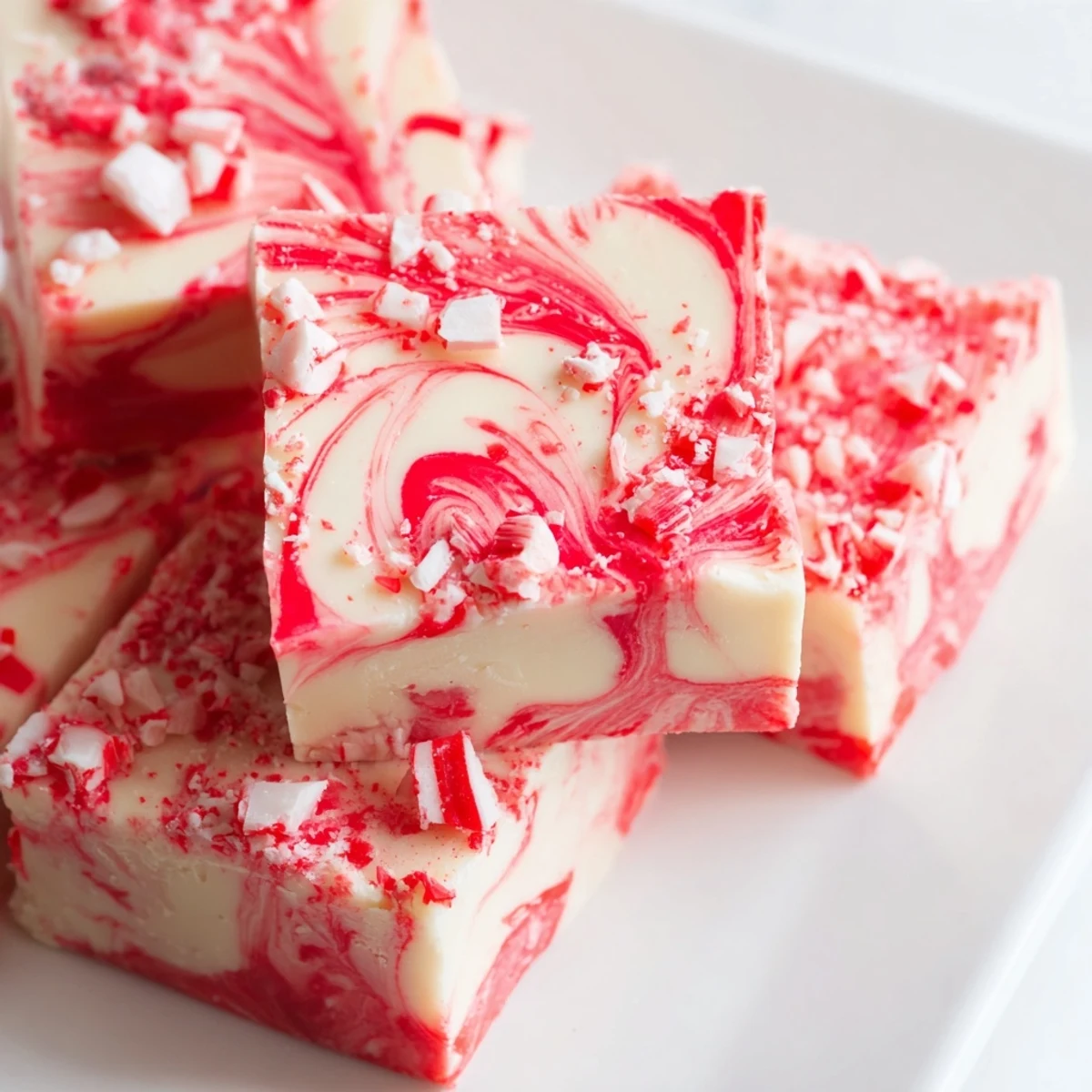 Festive holiday peppermint swirl fudge showing marbled white and red chocolate layers