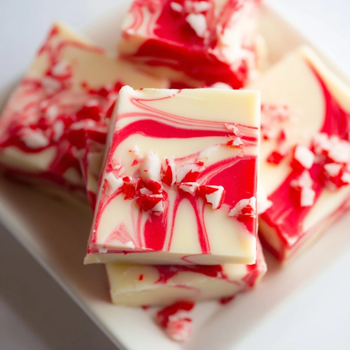 Homemade peppermint swirl fudge cut into bite-sized squares with sparkling peppermint candy garnish