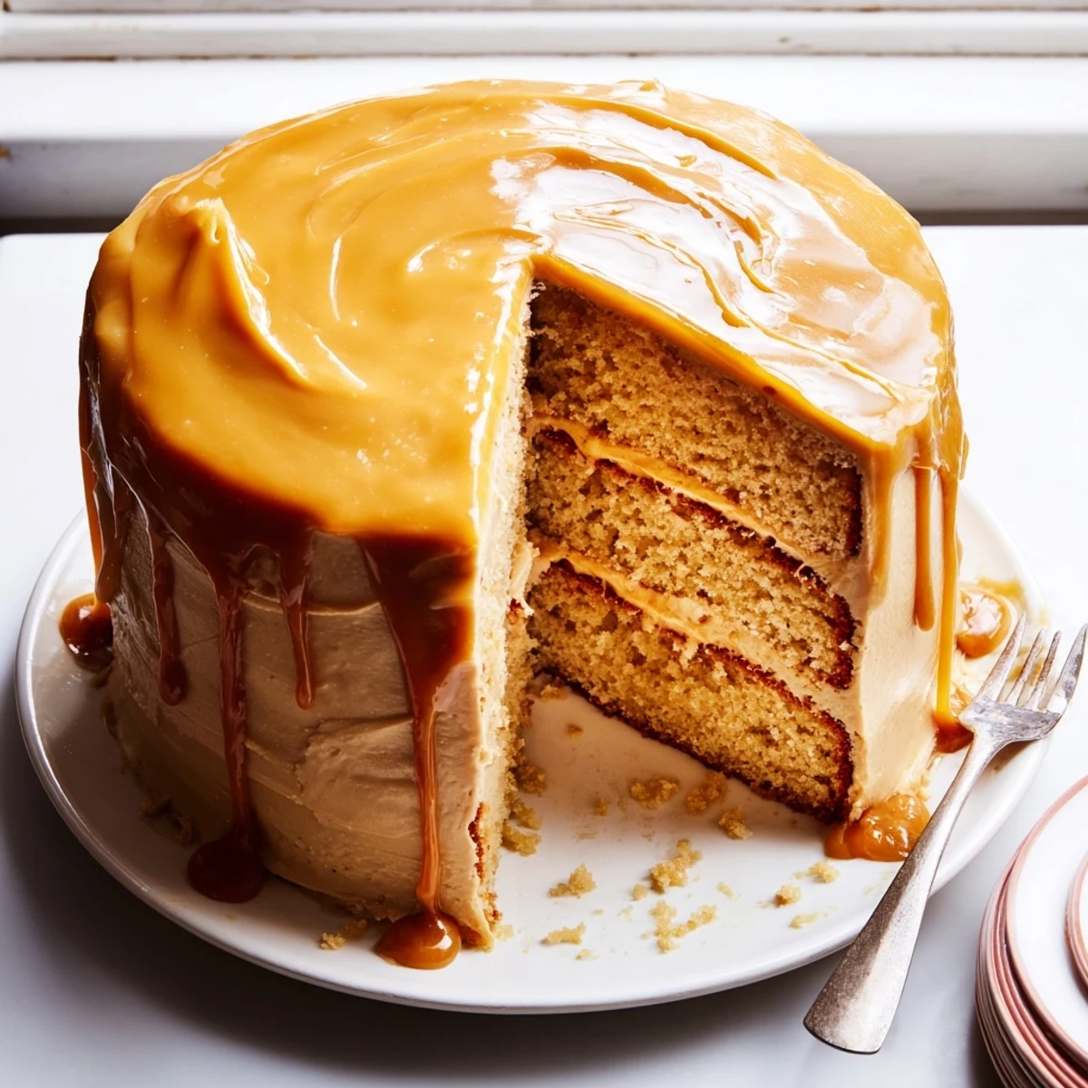 Golden slice of decadent caramel cake revealing three buttery layers with silky caramel frosting