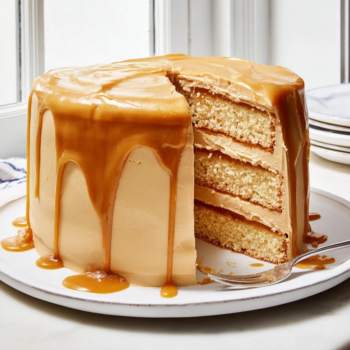 Decadent caramel cake plated on white dish with glossy amber drizzle cascading down the sides