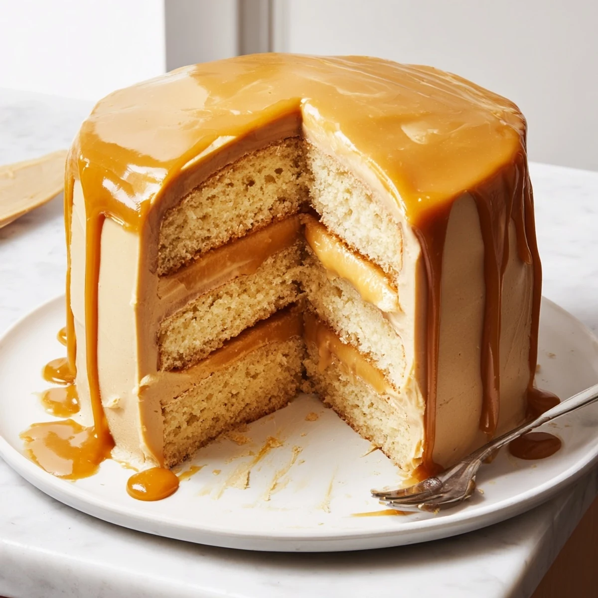 Homemade decadent caramel cake with whipped caramel buttercream and sweet caramel sauce pooling on top
