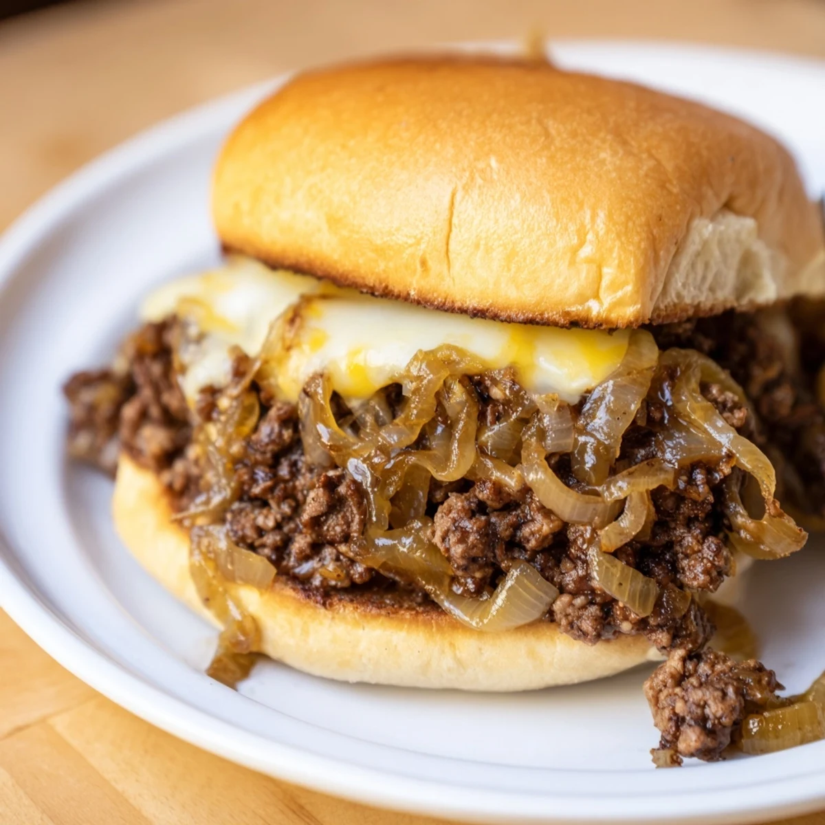 Golden brown caramelized onions and melted provolone top these French onion beef sloppy joes on toasted buns