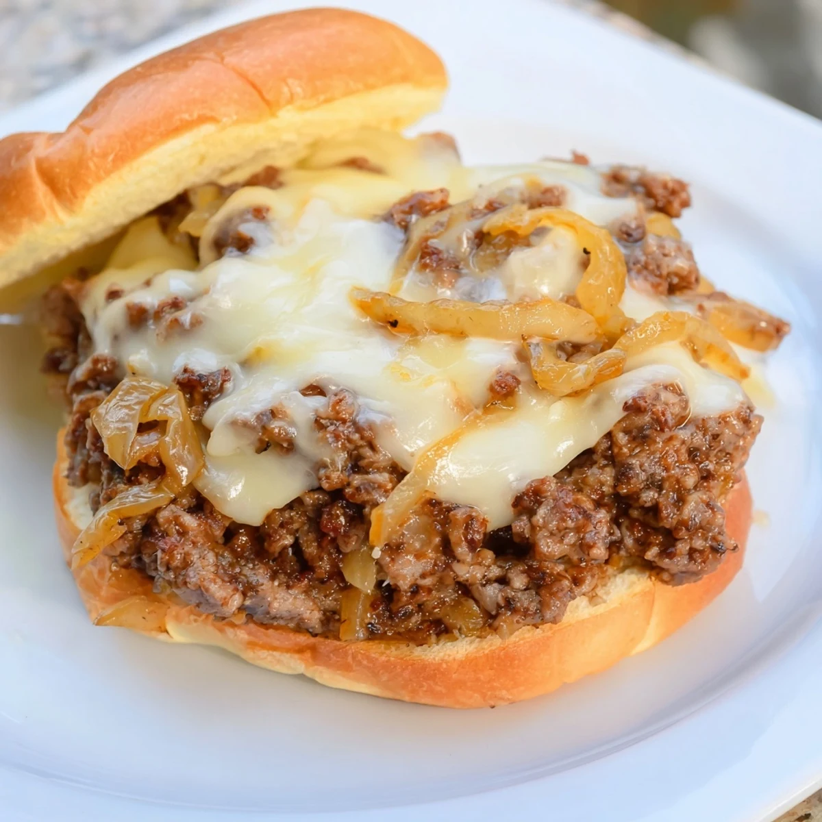 Melted Swiss cheese cascades over the rich beef and onion filling in these French onion beef sloppy joes