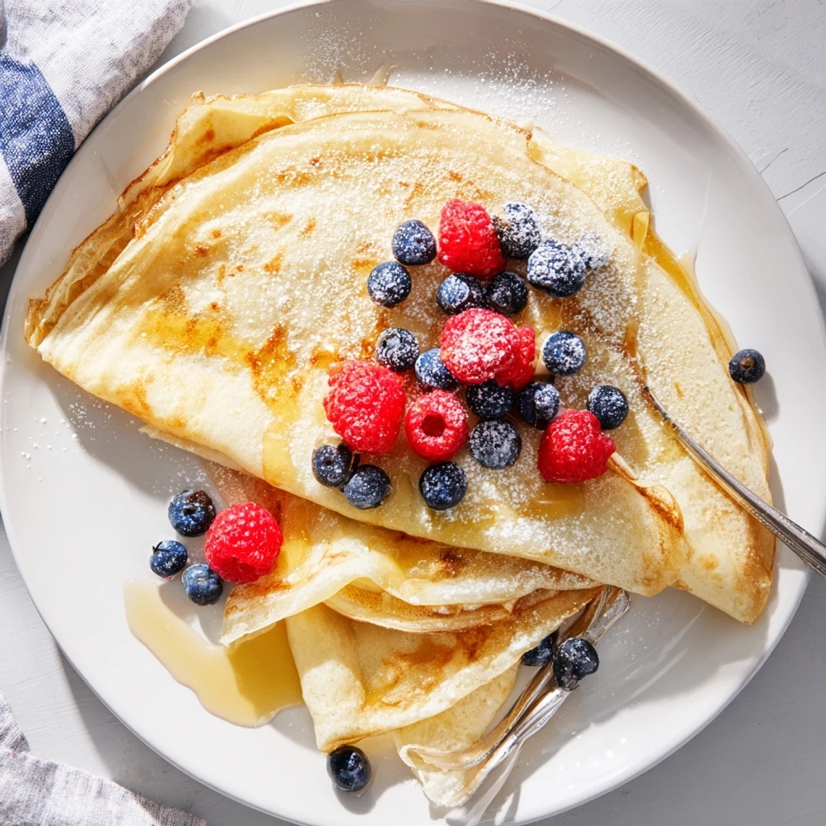 Golden honey cascades over warm, delicate crepes stacked elegantly on a white serving plate
