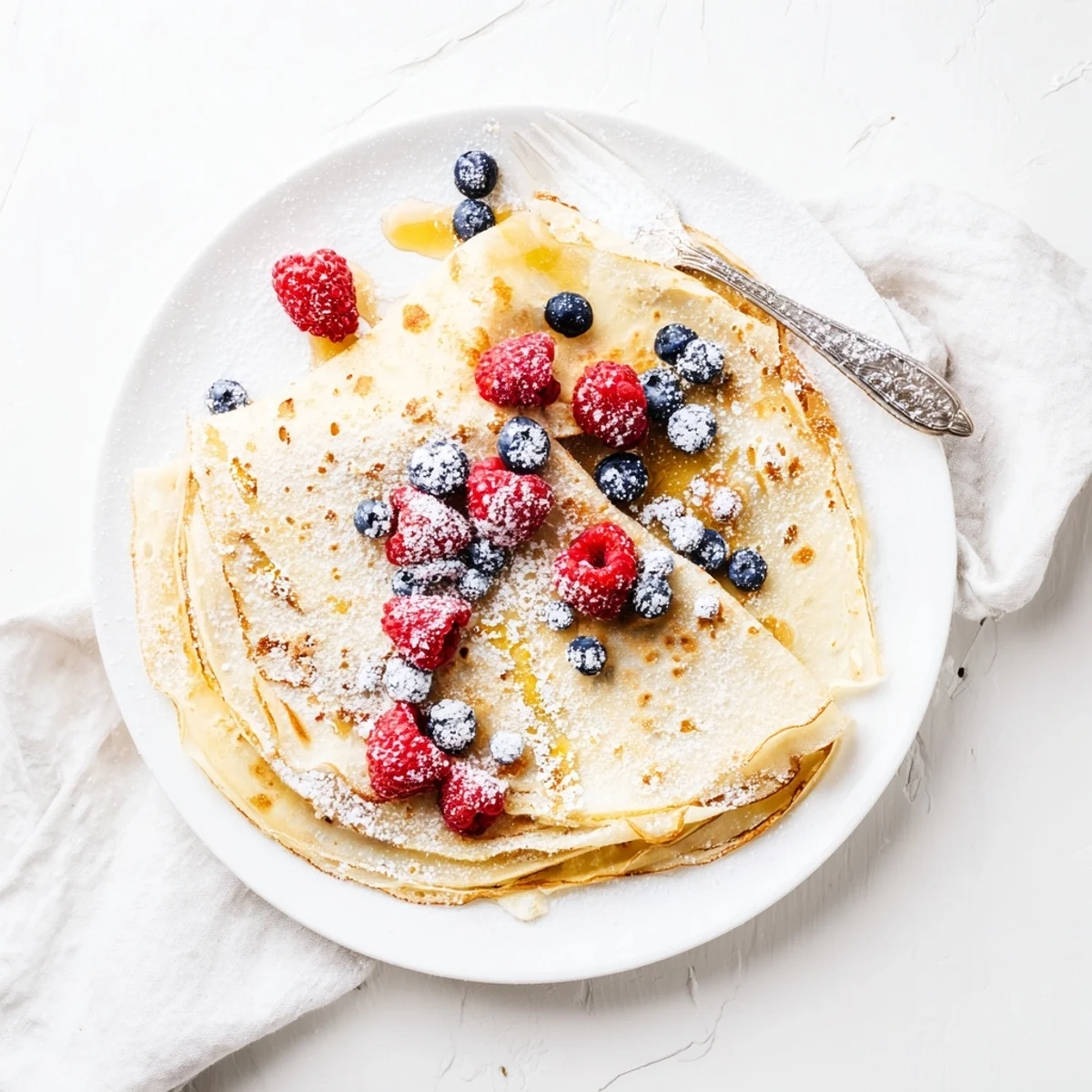 Thin French crepes with honey drizzle garnished with fresh berries and powdered sugar topping