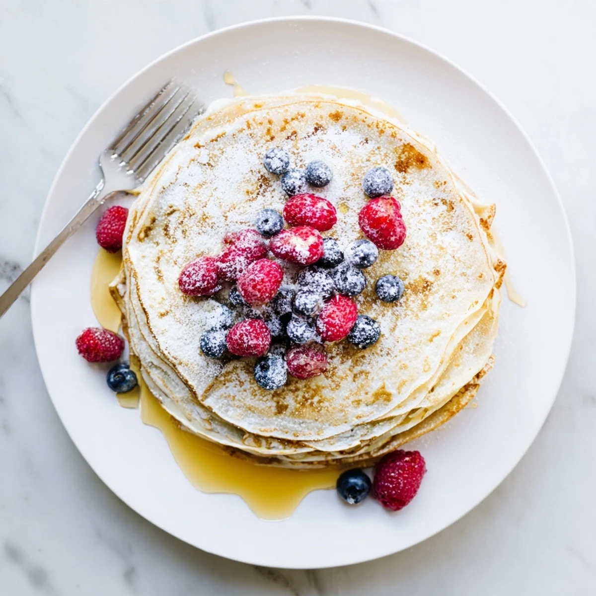 Breakfast crepes with honey drizzle served warm with golden syrup pooling on the edges
