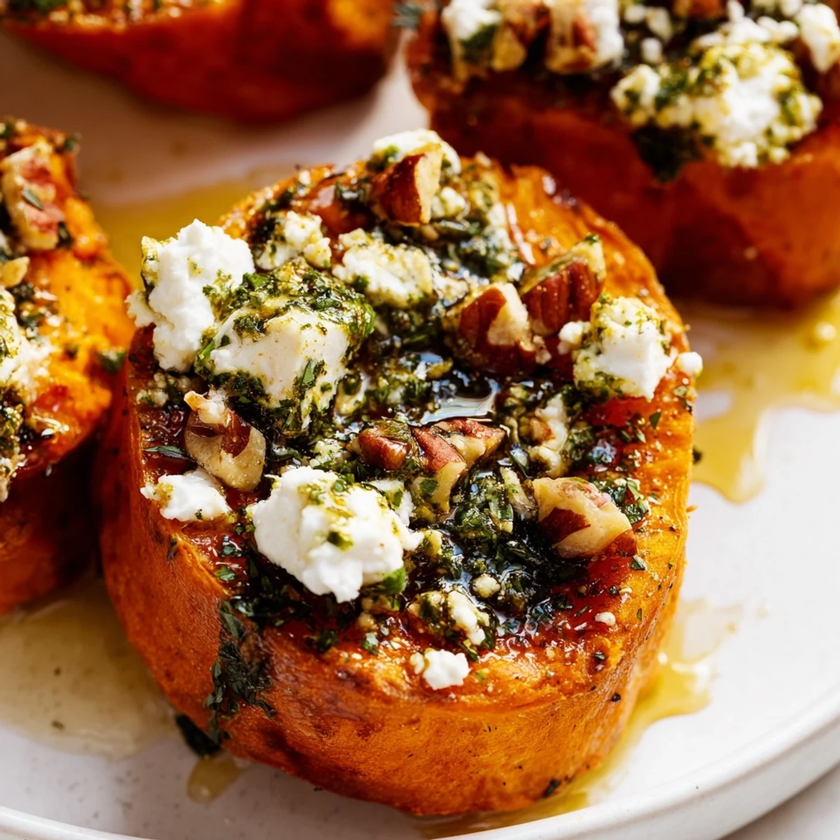 Golden roasted sweet potato rounds topped with crumbled feta, honey drizzle, and fresh herb sauce
