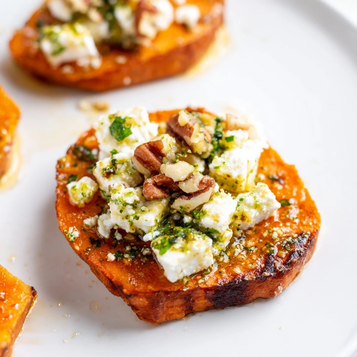 Mediterranean style appetizer featuring sweet potato slices, creamy feta cheese, sweet honey, and green herb drizzle