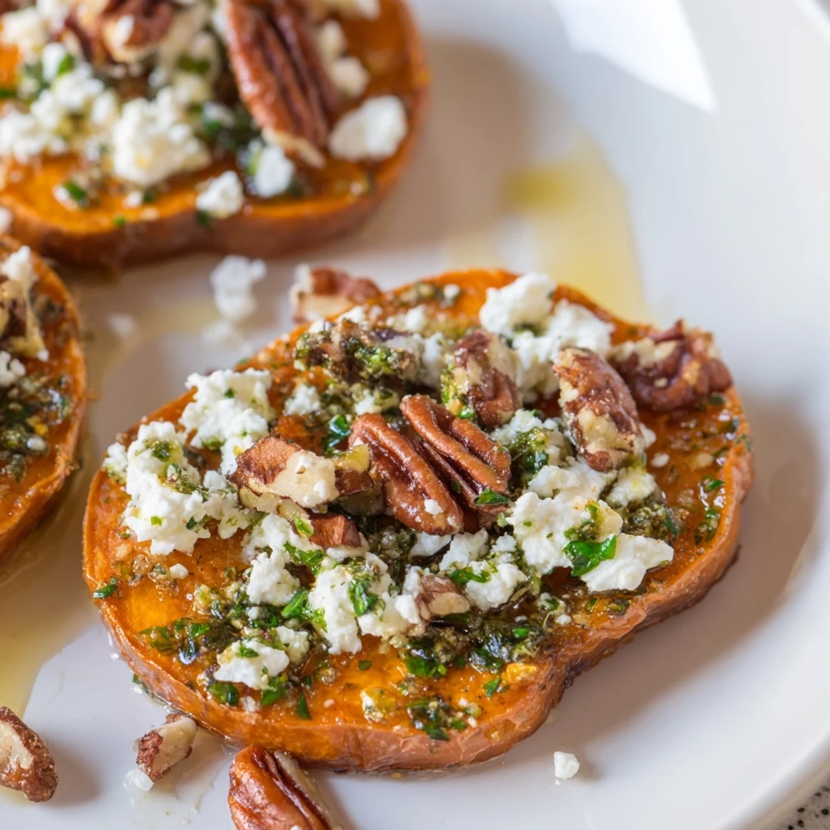 Honey Feta Sweet Potato Crostini with Herb Drizzle arranged on white serving platter with garnish