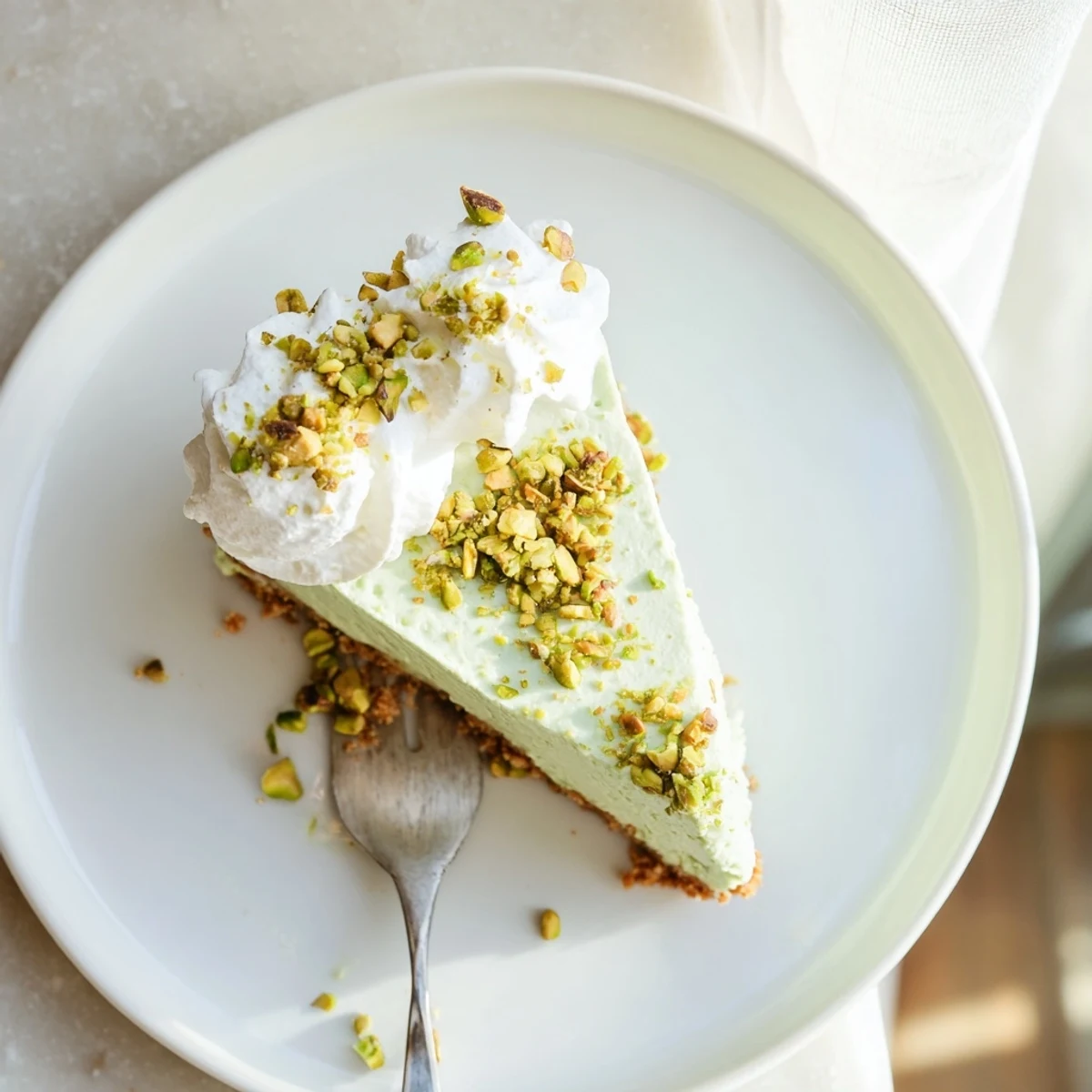 Creamy pistachio cheesecake with buttery graham crust and chopped nut topping